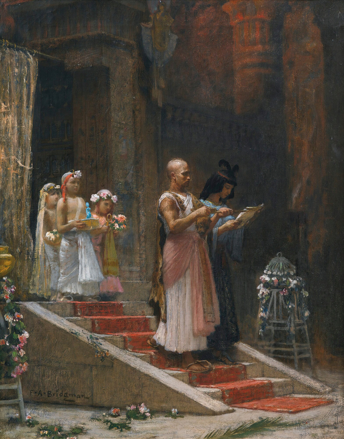 An Egyptian Procession by Frederick Arthur Bridgman — A procession with flowers and offerings descends red temple steps