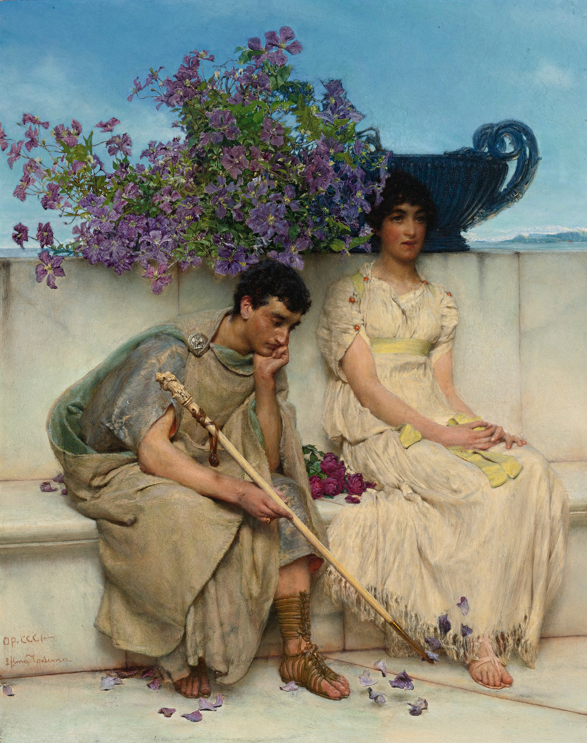 An Eloquent Silence by Lawrence Alma-Tadema — A young couple sit apart on a marble bench above the sea