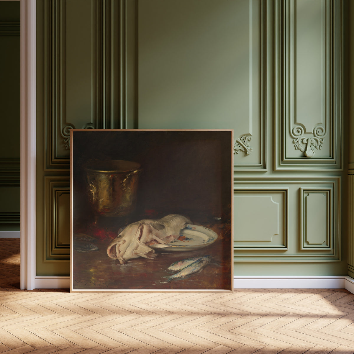 An English Cod by William Merritt Chase — shown framed on a wall