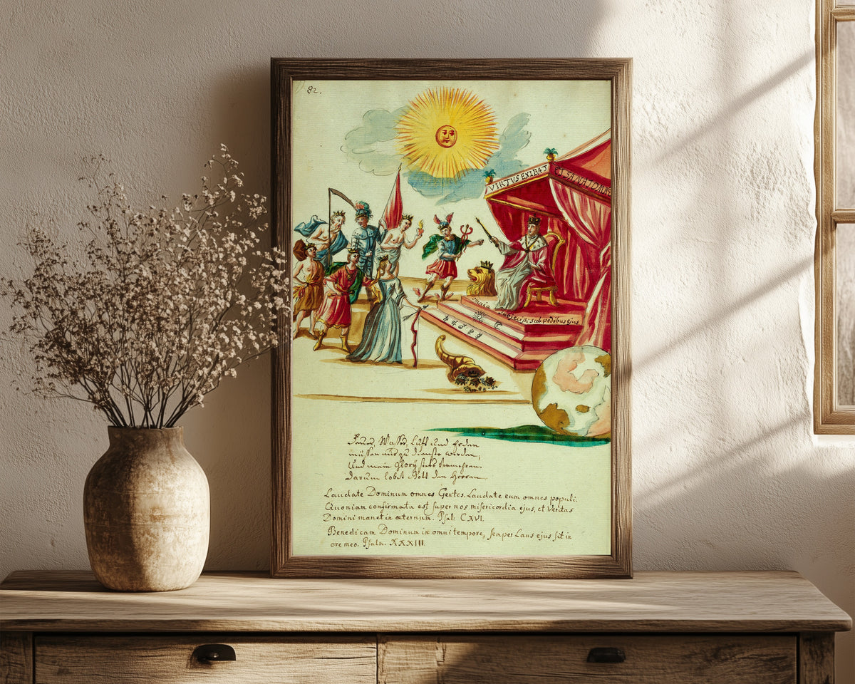 Framed art print of An Enthroned King Receiving Tribute… by Thesaurus Thesaurorum, in a dark wood frame leaning on a rustic console beside dried flowers