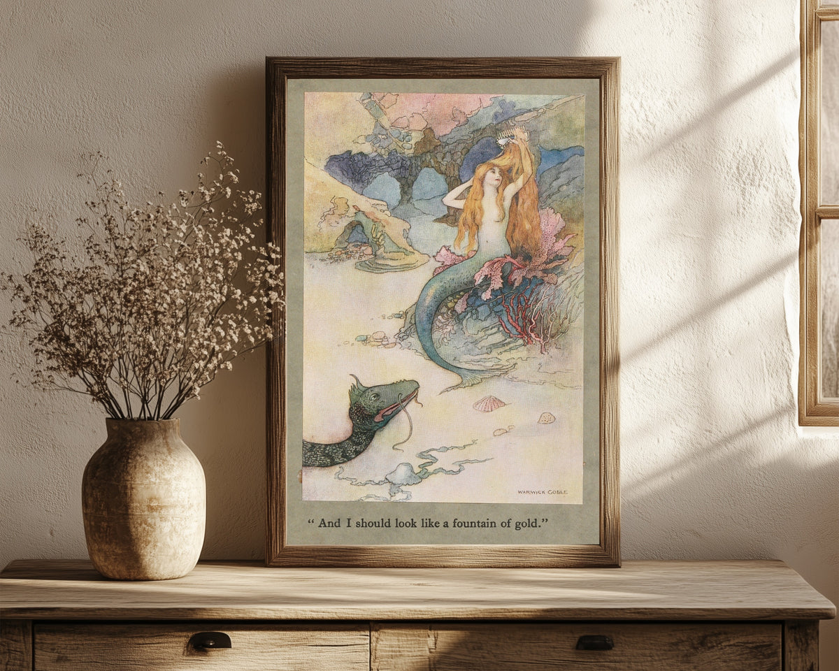 Framed art print of And I should look like a fountain of gold. by Warwick Goble, in a dark wood frame leaning on a rustic console beside dried flowers