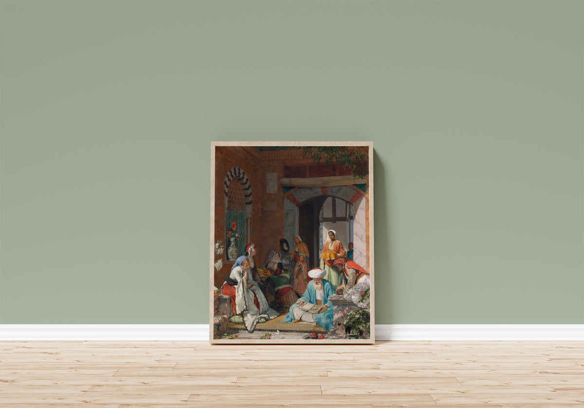 Framed art print of "And the Prayer of Faith Shall Save the… by John Frederick Lewis, in a light wood frame leaning on a sage green wall above a wooden floor