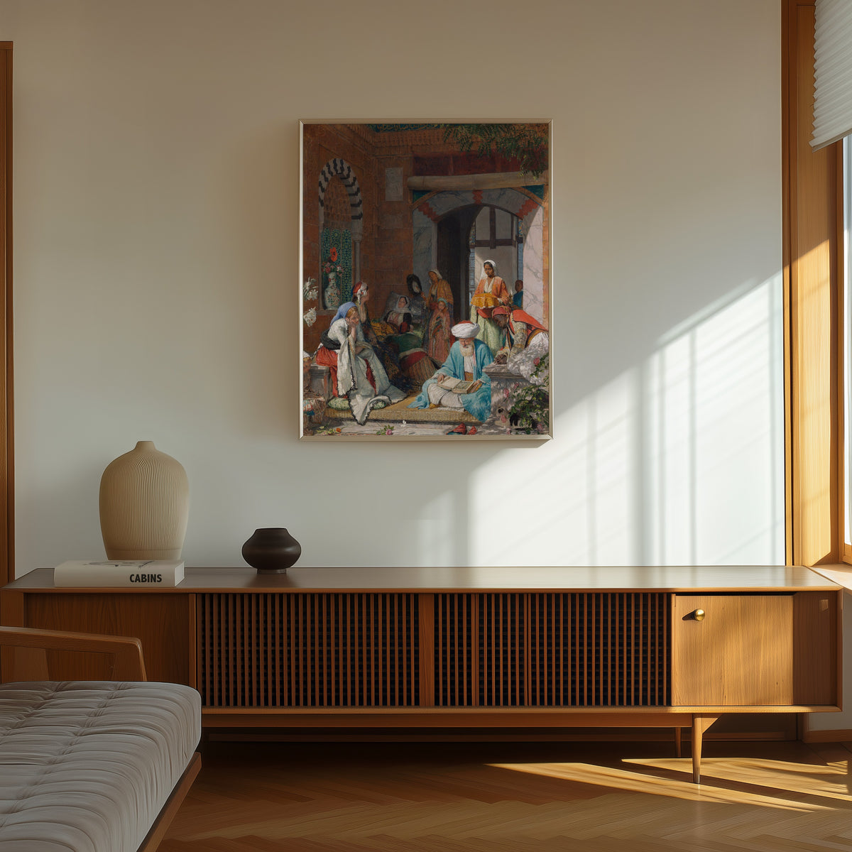Framed art print of "And the Prayer of Faith Shall Save the Sick" by John Frederick Lewis, in a thin light frame on a sunlit wall above a wooden sideboard