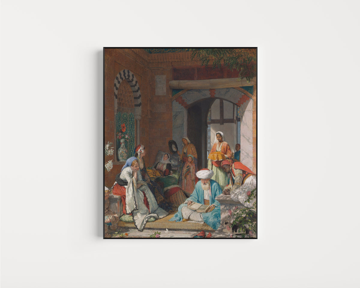 Framed art print of "And the Prayer of Faith Shall Save the Sick" by John Frederick Lewis, in a slim black frame on a plain white wall