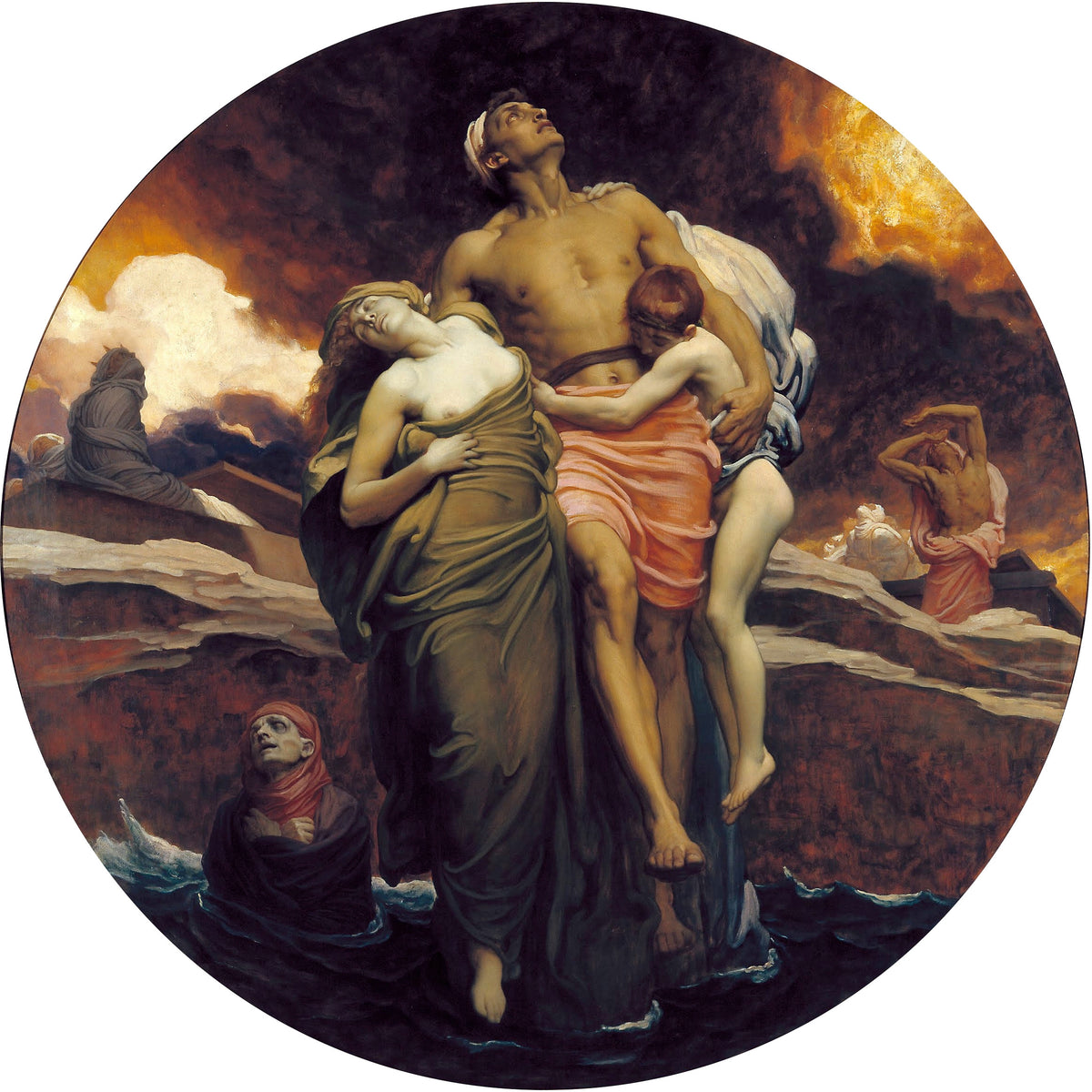 And the Sea Gave Up the Dead Which Were in It by Frederic Leighton — Figures rise from the sea beneath a burning sky in a great roundel