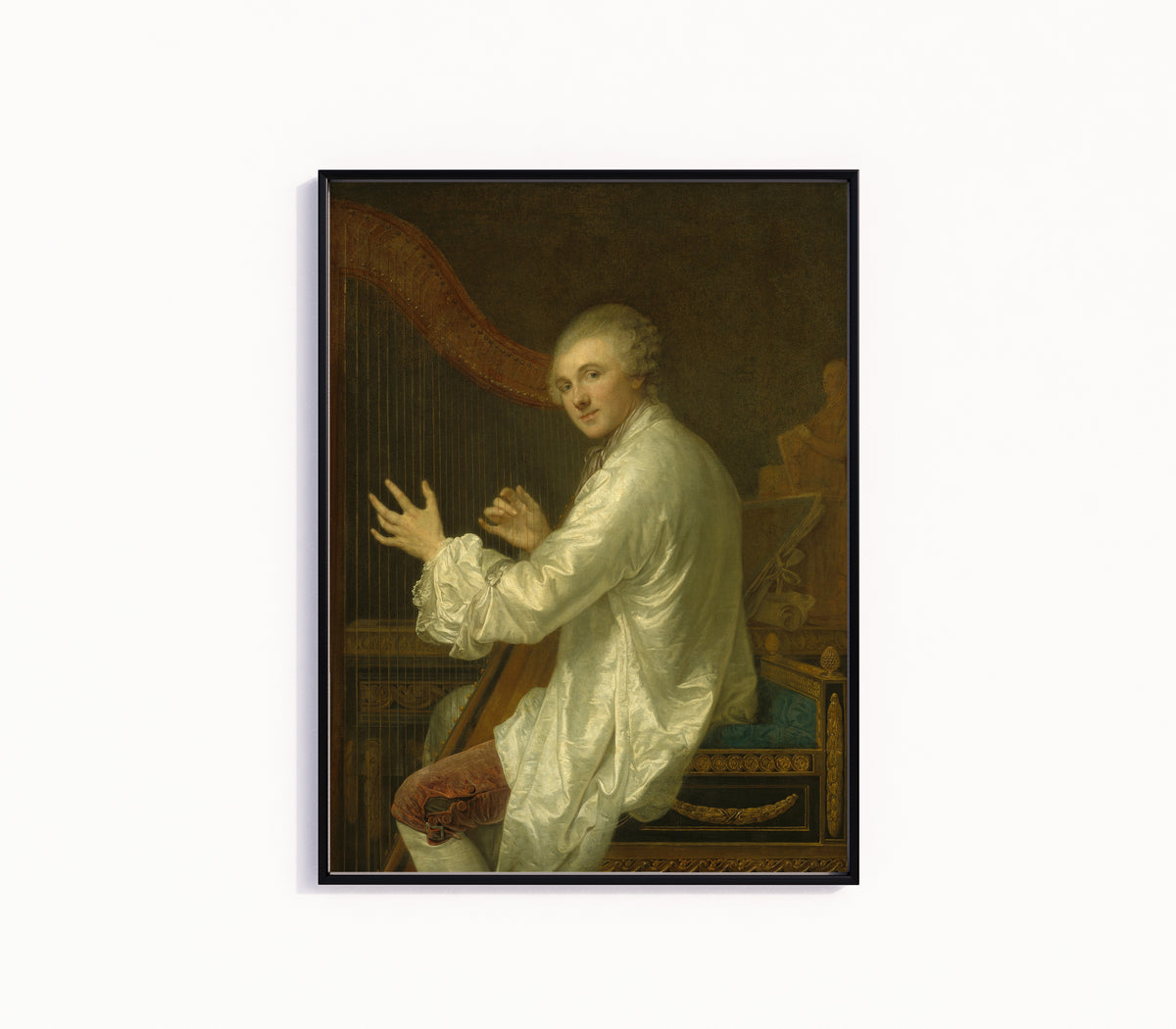 Framed art print of Ange Laurent de La Live de Jully by Jean-Baptiste Greuze, in a slim black frame on a plain white wall