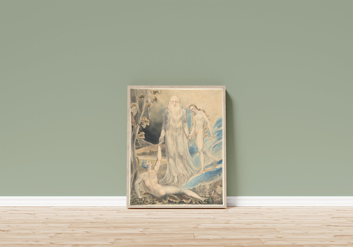 Framed art print of Angel of the Divine Presence Bringing Eve to Adam by William Blake, in a light wood frame leaning on a sage green wall above a wooden floor
