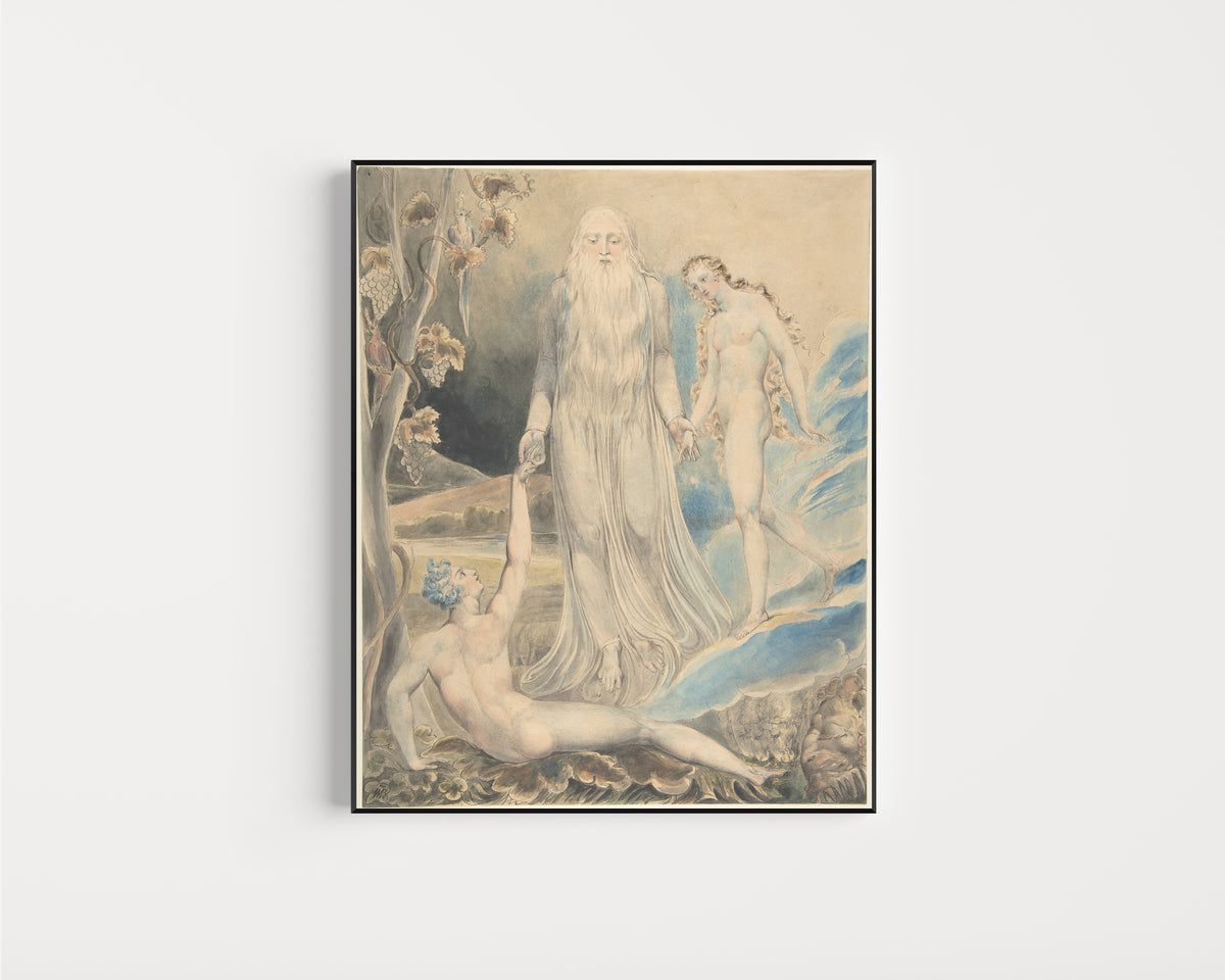 Framed art print of Angel of the Divine Presence Bringing Eve to Adam by William Blake, in a slim black frame on a plain white wall