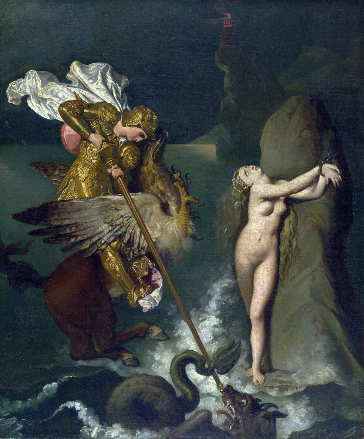 Angelica Saved by Ruggiero by Jean-Auguste-Dominique Ingres — A knight on a winged steed spears a monster by a chained woman