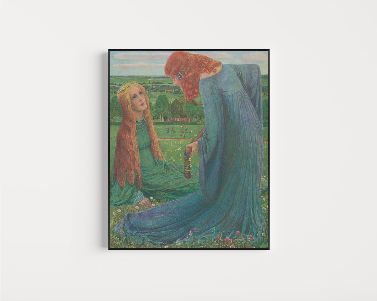 Framed art print of Annunciation by Heinrich Vogeler, in a slim black frame on a plain white wall