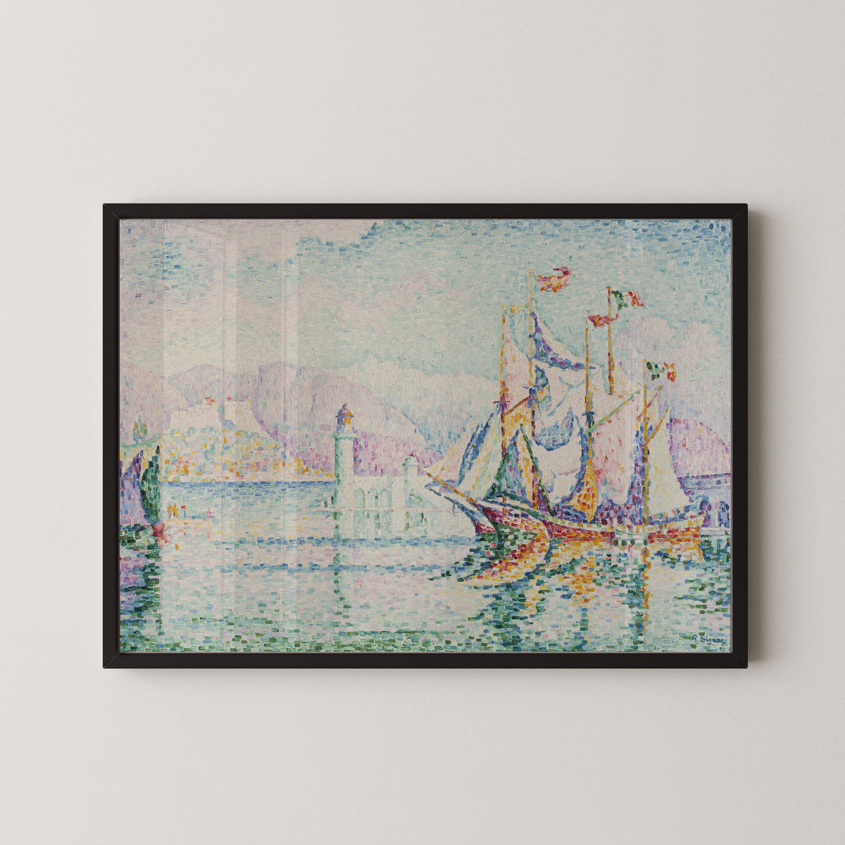 Framed art print of Antibes, Morning by Paul Signac, in a black frame on a pale wall