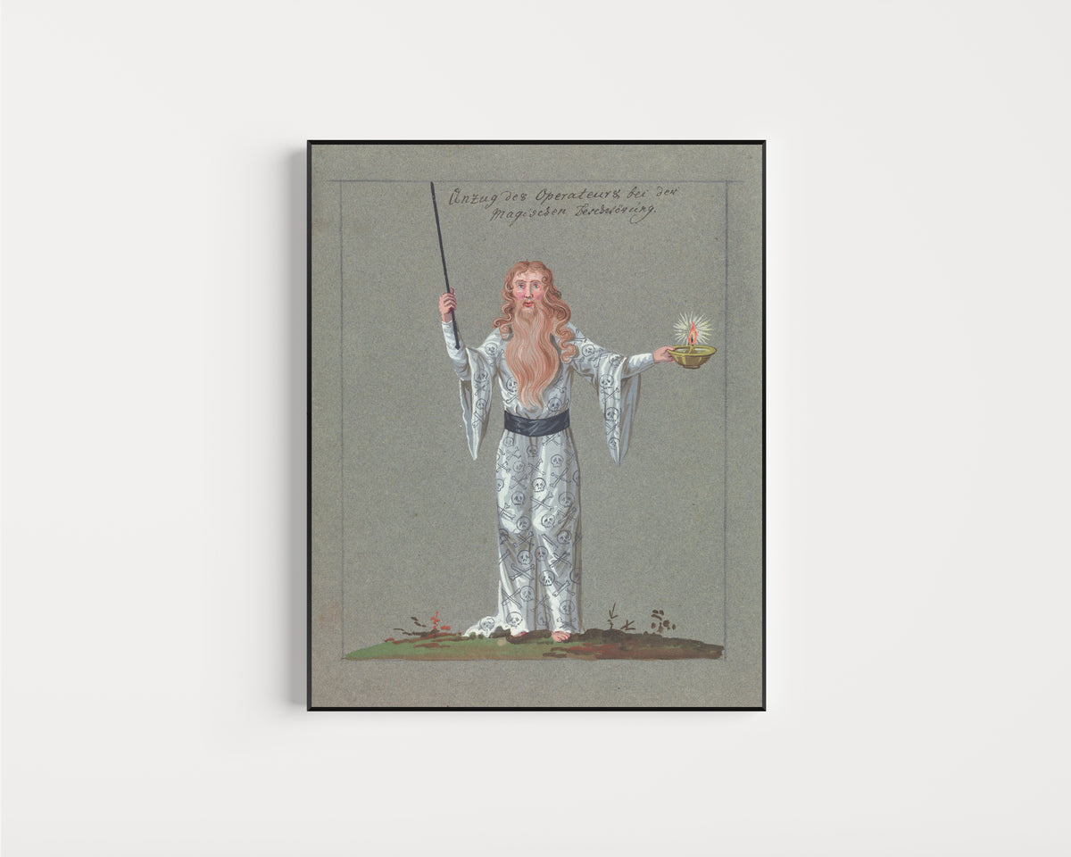 Framed art print of Anzug des Operateurs bei der magischen Beschwörung by Unknown artist, in a slim black frame on a plain white wall