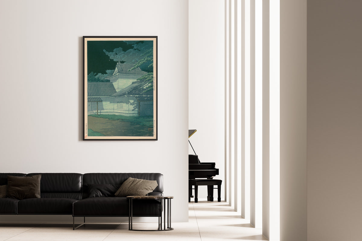 Framed art print of Aoba Castle, Sendai by Kawase Hasui, on the wall of a minimal living room