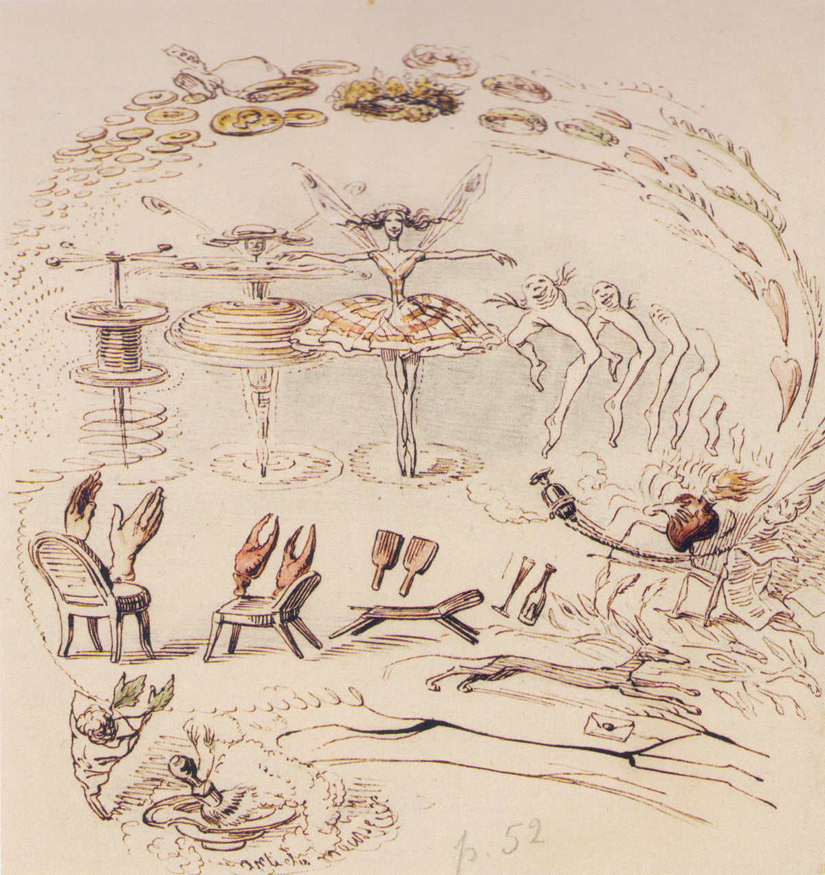 Apocalypse du ballet by J. J. Grandville — A winged ballerina spins amid flying coins and clapping hands