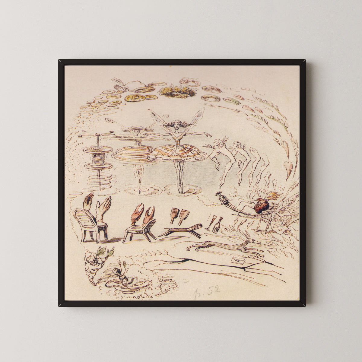 Framed art print of Apocalypse du ballet by J. J. Grandville, in a black frame on a pale wall