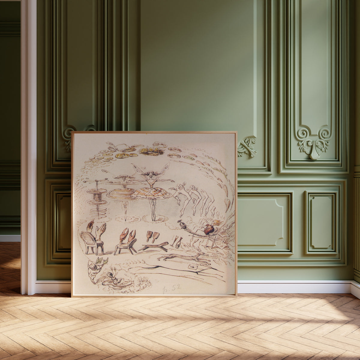 Framed art print of Apocalypse du ballet by J. J. Grandville, leaning against olive-green panelling on a herringbone floor