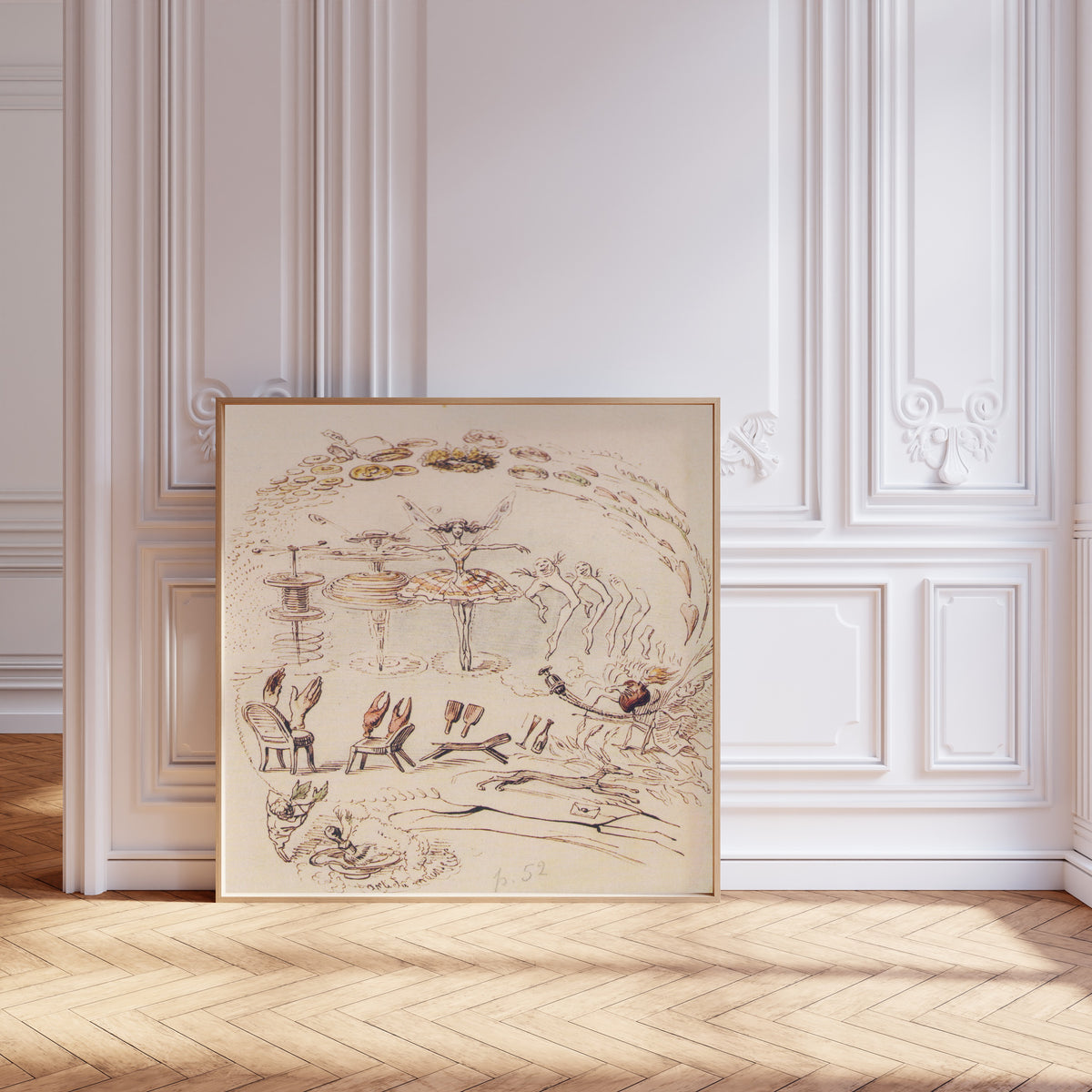 Framed art print of Apocalypse du ballet by J. J. Grandville, leaning against pale pink panelling on a herringbone floor