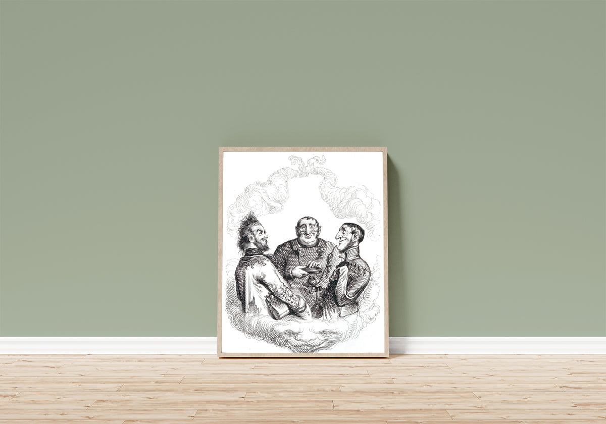 Framed art print of Apothéose du docteur Puff by J. J. Grandville, in a light wood frame leaning on a sage green wall above a wooden floor