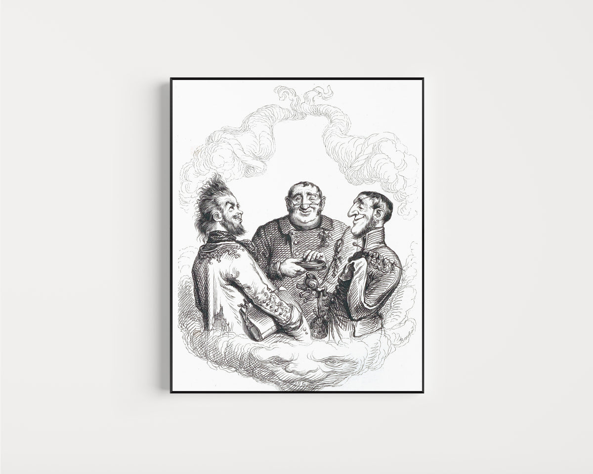Framed art print of Apothéose du docteur Puff by J. J. Grandville, in a slim black frame on a plain white wall