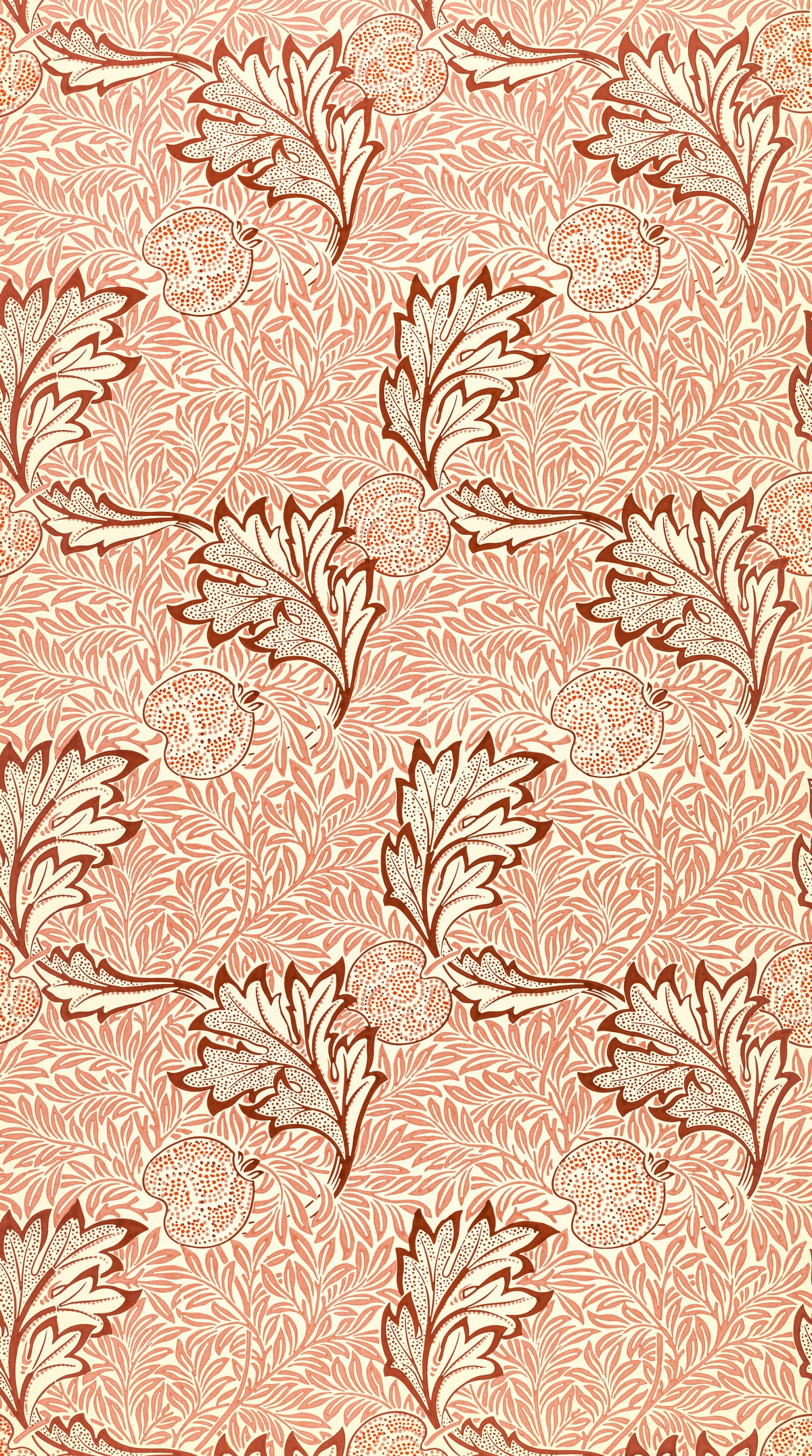 Apple by William Morris — Dotted fruit and outlined leaves over a salmon thicket