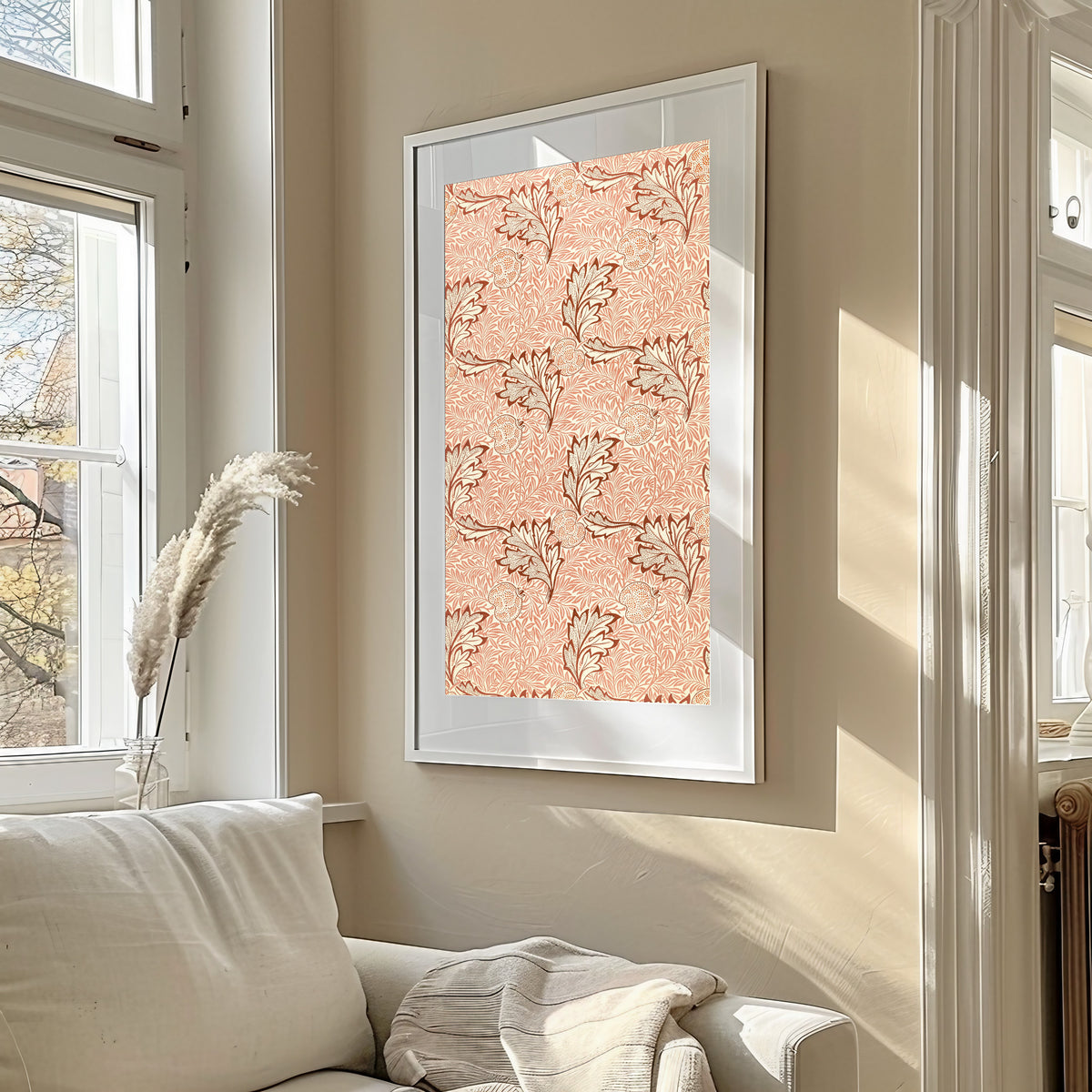 Framed art print of Apple by William Morris, in a sunlit living room above a sofa