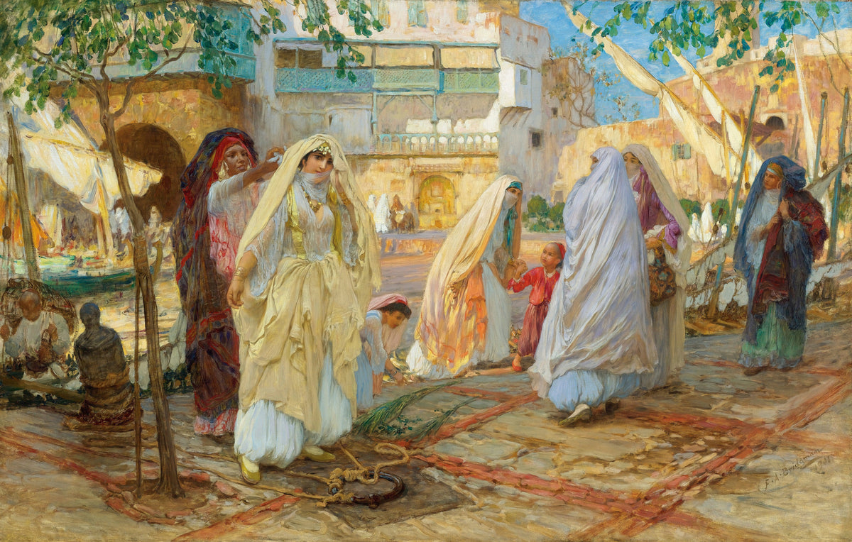 Après la fête; port d'Alger by Frederick Arthur Bridgman — Veiled women and a small child cross a sunlit square after a festival