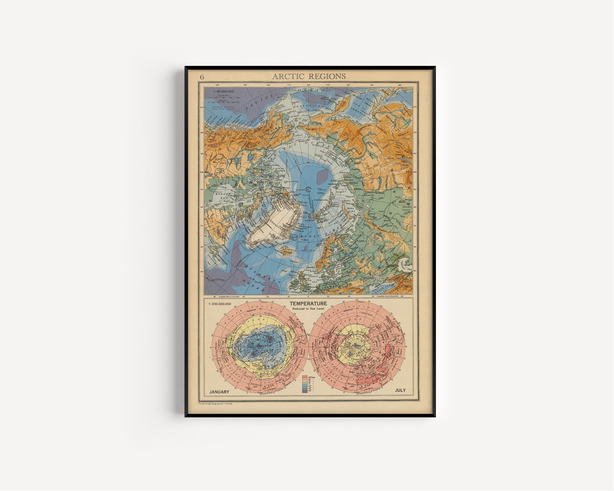 John Bartholomew & Son — Arctic Regions: Temperature, January and July | Vintage Atlas Map Print