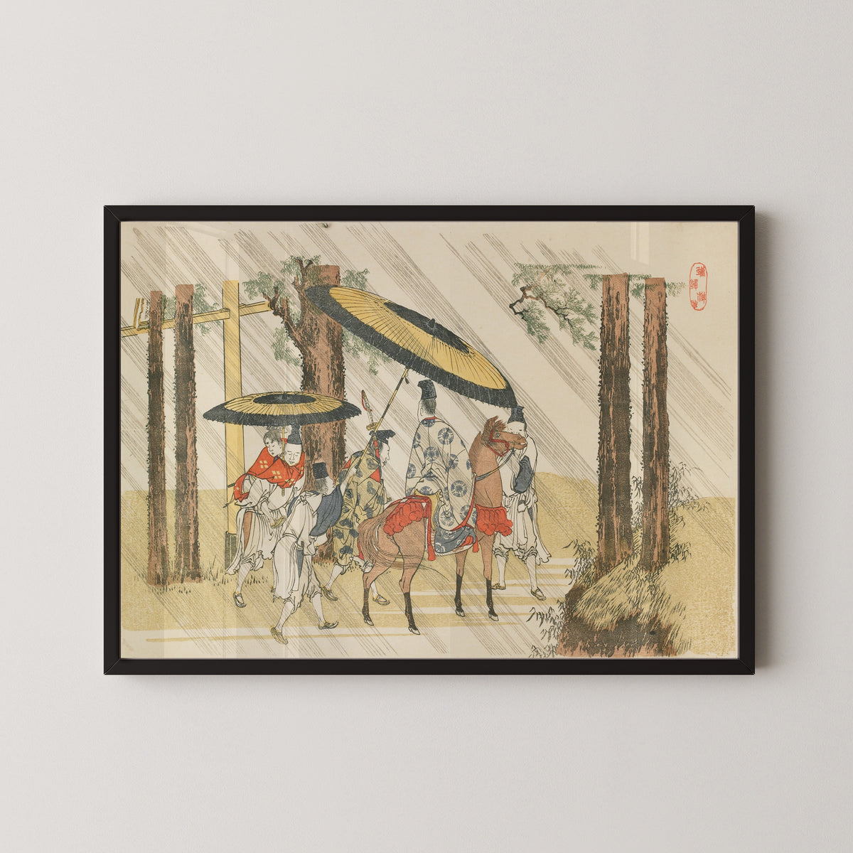 Framed art print of Aridōshi Shrine by Katsushika Hokusai, in a black frame on a pale wall