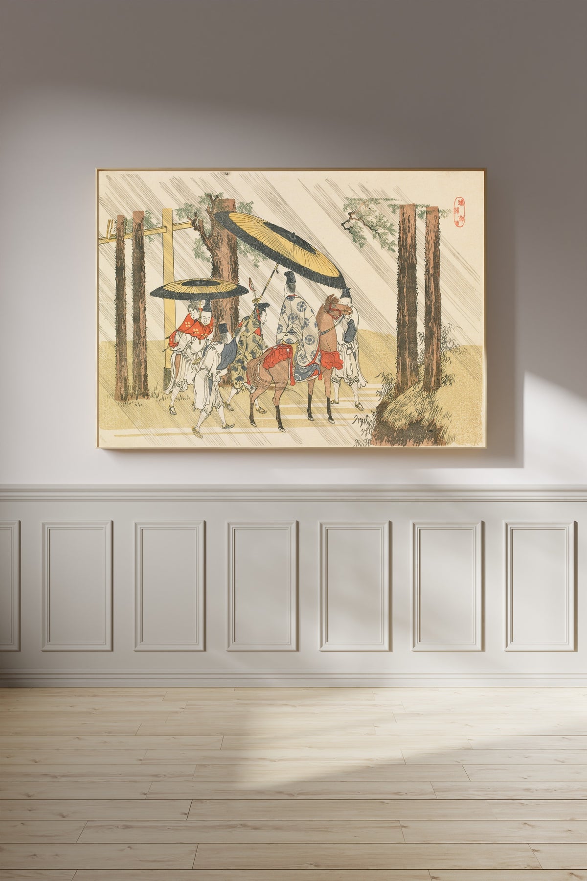 Framed art print of Aridōshi Shrine by Katsushika Hokusai, on a panelled wall in afternoon light