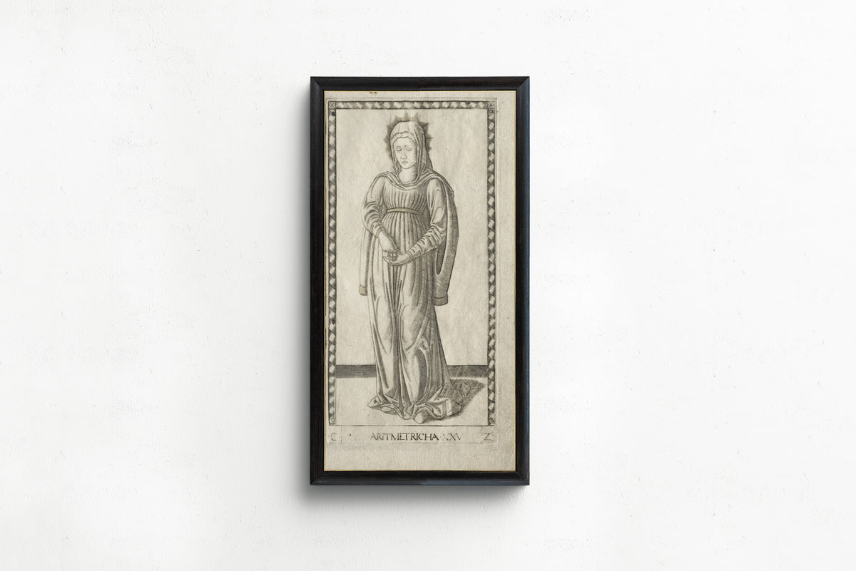 Framed art print of Arithmetic (from the Tarocchi, Series C: Liberal Arts, no.… by Master of the E-Series Tarocchi, in a slim black frame on a plain white wall
