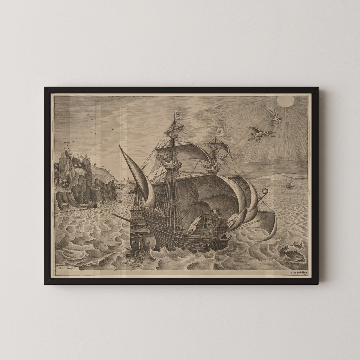 Pieter Bruegel the Elder — Armed Three-Master with Daedalus and Icarus in the Sky | Engraving Print