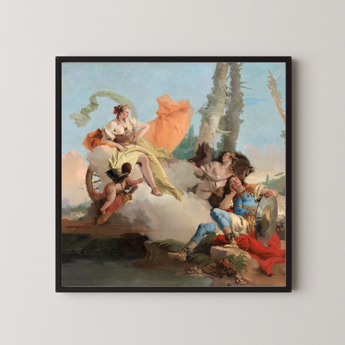 Armida Encounters the Sleeping Rinaldo by Giovanni Battista Tiepolo — in a black frame on a pale wall