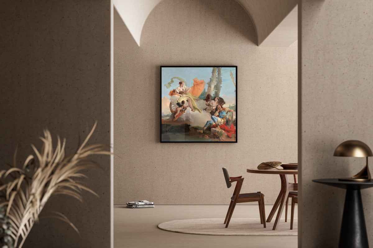 Armida Encounters the Sleeping Rinaldo by Giovanni Battista Tiepolo — framed in a sunlit dining corner