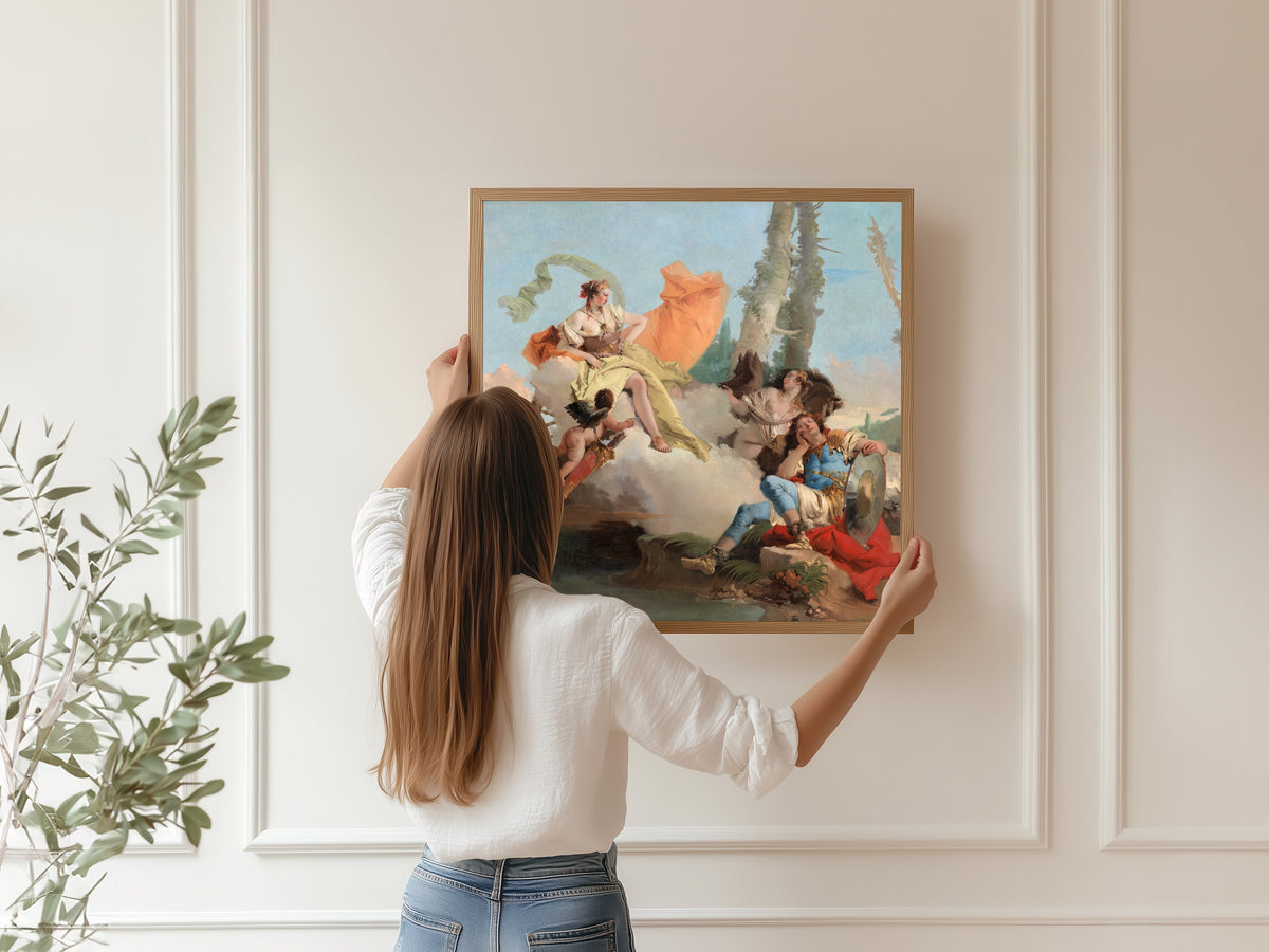 Armida Encounters the Sleeping Rinaldo by Giovanni Battista Tiepolo — being hung, framed, on a panelled wall