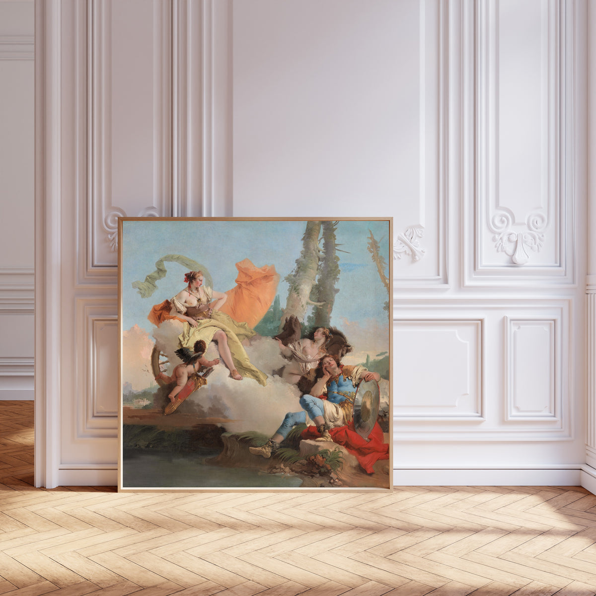 Armida Encounters the Sleeping Rinaldo by Giovanni Battista Tiepolo — framed and leaning against pale pink panelling on a herringbone floor