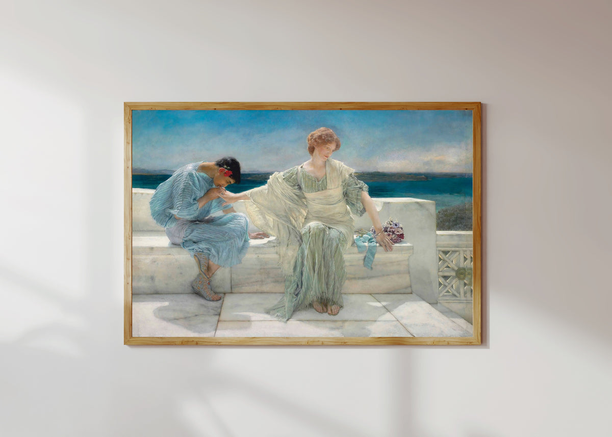 Framed art print of Ask Me No More by Lawrence Alma-Tadema, in a light wood frame on a sunlit white wall