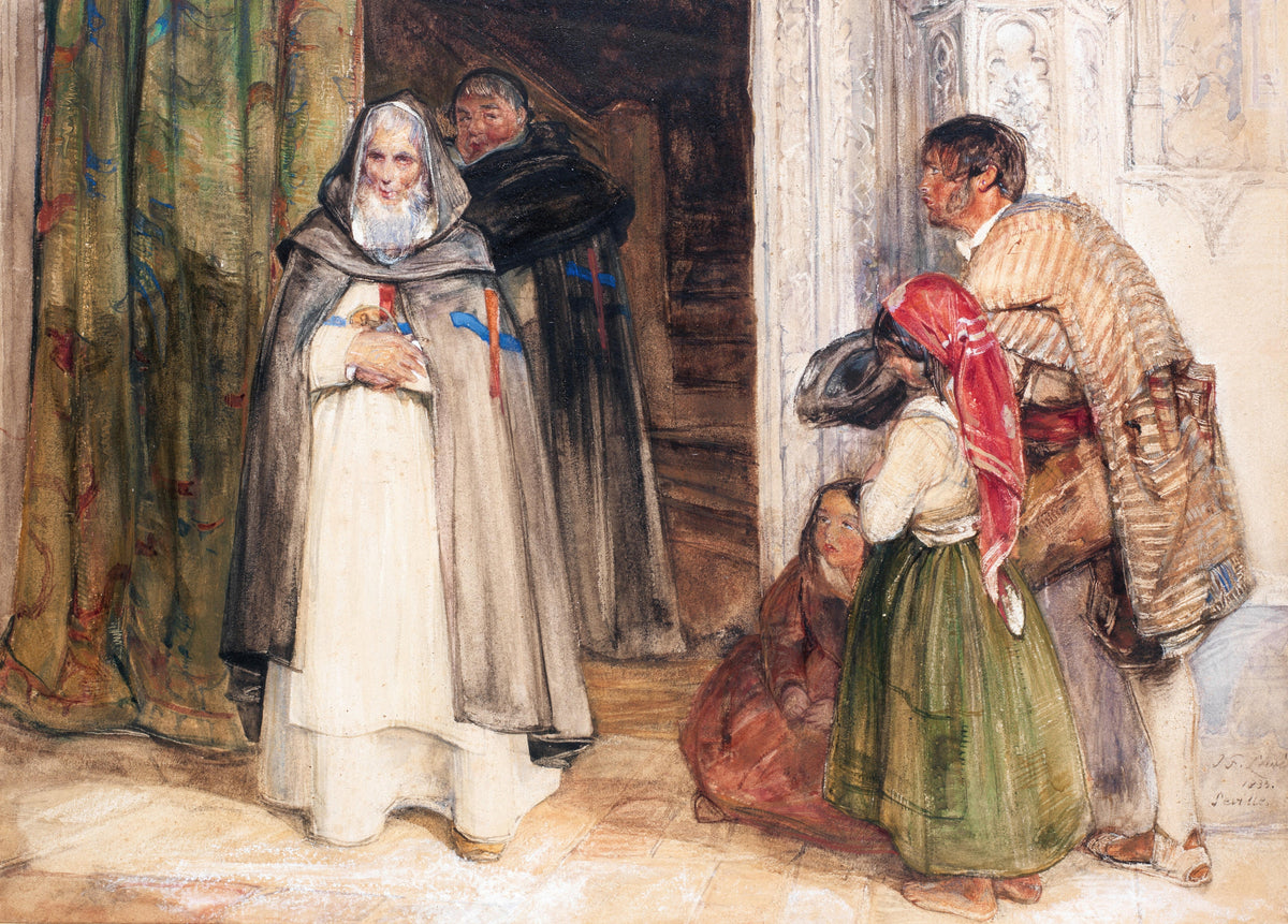 Asking for Alms by John Frederick Lewis — A family asks two hooded friars for alms at a church door