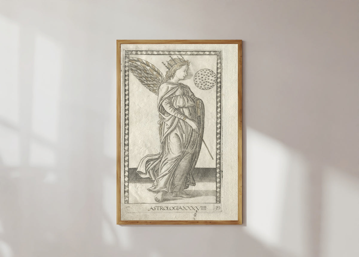 Framed art print of Astrology (from the Tarocchi, Series C: Liberal Arts, no.… by Master of the E-Series Tarocchi, in a light wood frame on a sunlit white wall