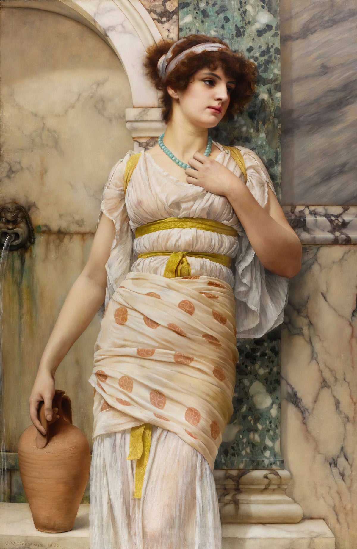 At the Fountain by John William Godward — A woman with a turquoise necklace leans by a marble fountain