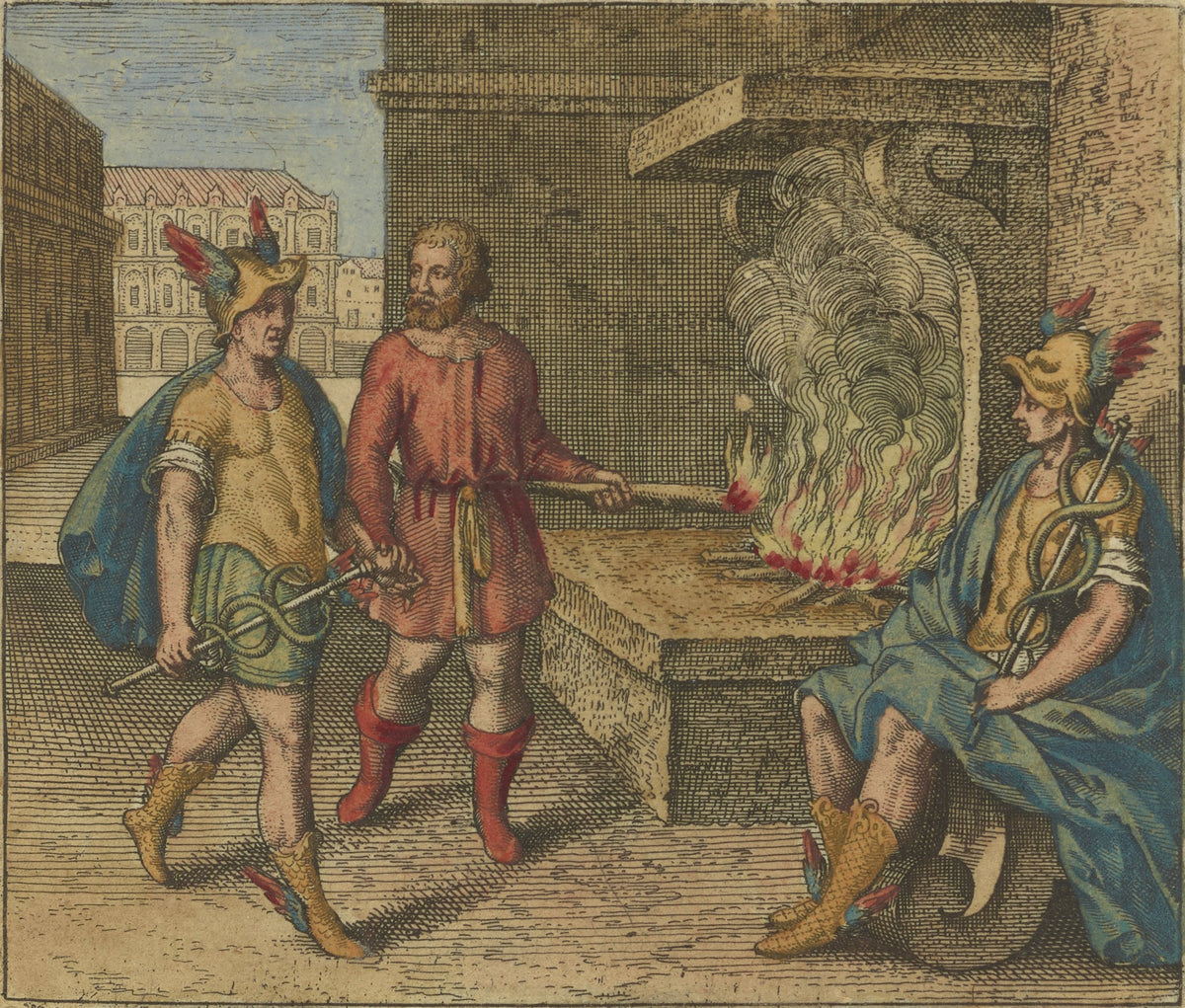 Atalanta Fugiens, Emblem 10: Give Fire to Fire, Mercury to Mercury, and You Have Enough by Michael Maier — Two winged-helmeted Mercury figures flank a man with