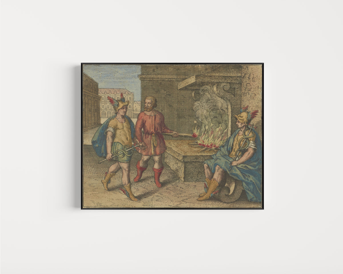 Framed art print of Atalanta Fugiens, Emblem 10: Give Fire to Fire, Mercury to Mercury, and You… by Michael Maier, in a slim black frame on a plain white wall