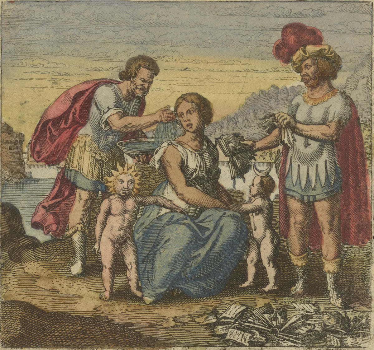 Atalanta Fugiens, Emblem 11: Whiten Latona and Tear Your Books by Michael Maier — A seated woman is washed by one man while another tears a book
