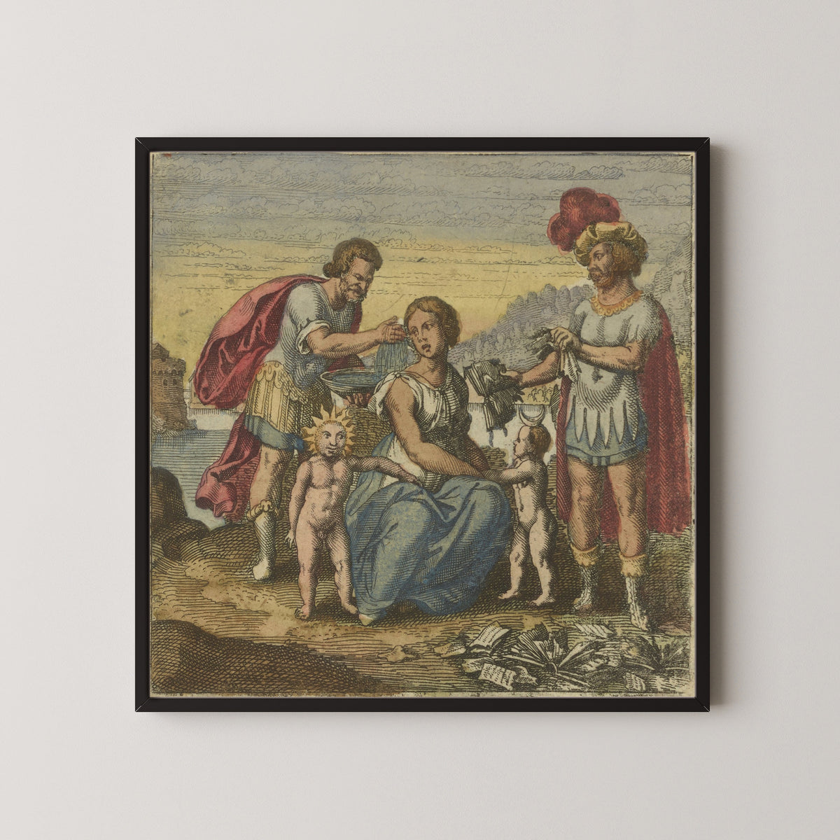 Framed art print of Atalanta Fugiens, Emblem 11: Whiten Latona and Tear Your Books by Michael Maier, in a black frame on a pale wall