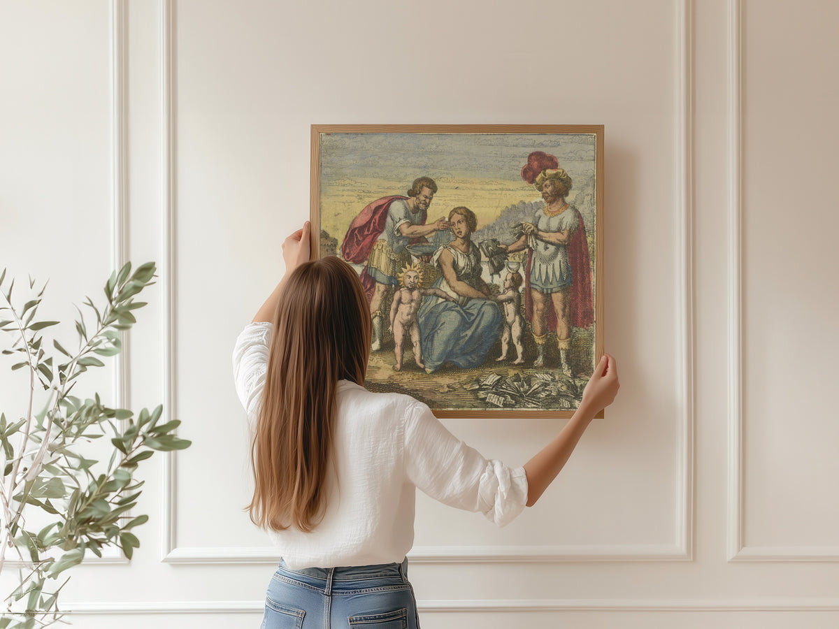 Framed art print of Atalanta Fugiens, Emblem 11: Whiten Latona and Tear Your Books by Michael Maier, hung on a panelled wall