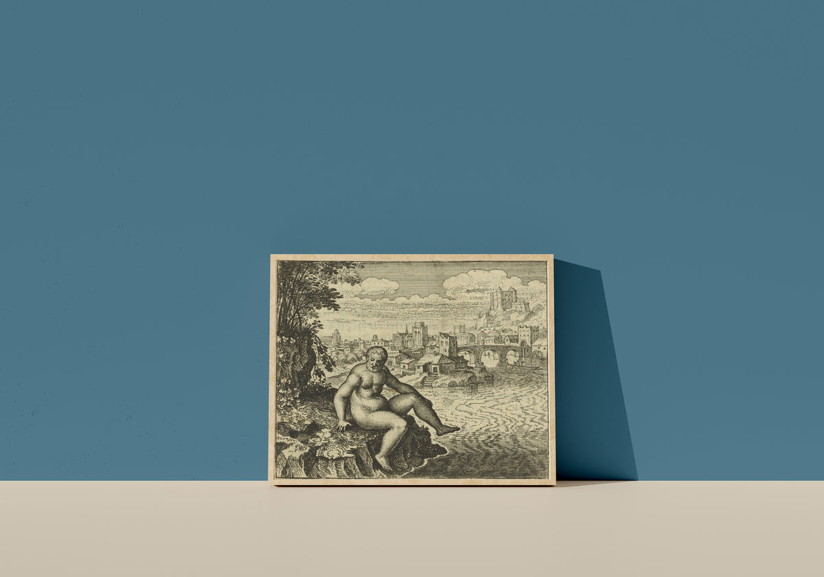 Framed art print of Atalanta Fugiens, Emblem 13: Ore of the Philosophers Needs Washing Seven… by Michael Maier, in a light wood frame leaning on a blue wall