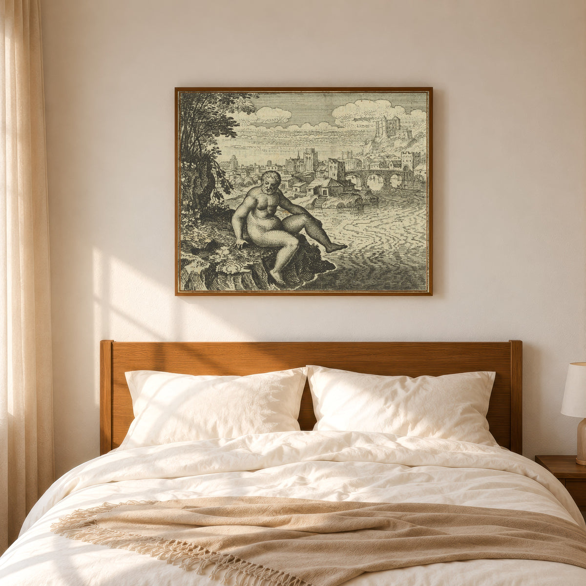Framed art print of Atalanta Fugiens, Emblem 13: Ore of the Philosophers Needs Washing… by Michael Maier, in a slim wood frame above a bed in a sunlit bedroom