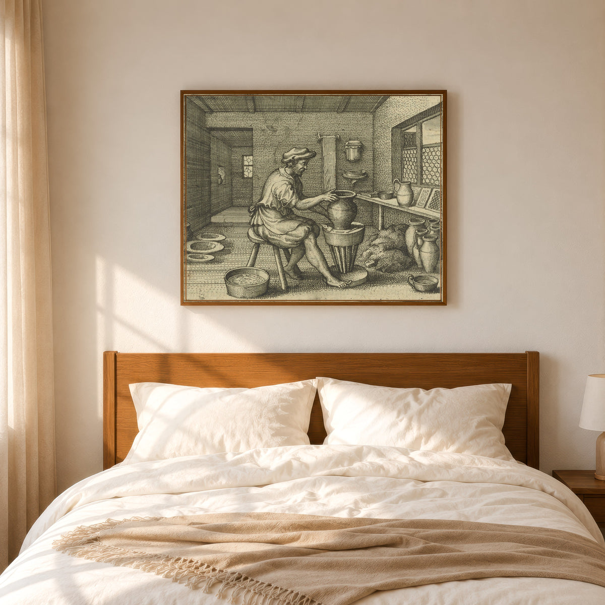 Framed art print of Atalanta Fugiens, Emblem 15: The Work of the Potter, Consisting of… by Michael Maier, in a slim wood frame above a bed in a sunlit bedroom