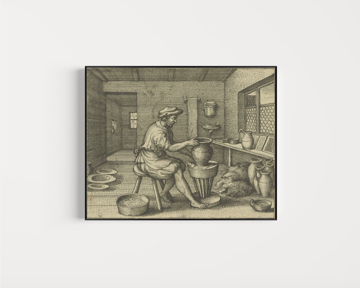 Framed art print of Atalanta Fugiens, Emblem 15: The Work of the Potter, Consisting of the Dry… by Michael Maier, in a slim black frame on a plain white wall
