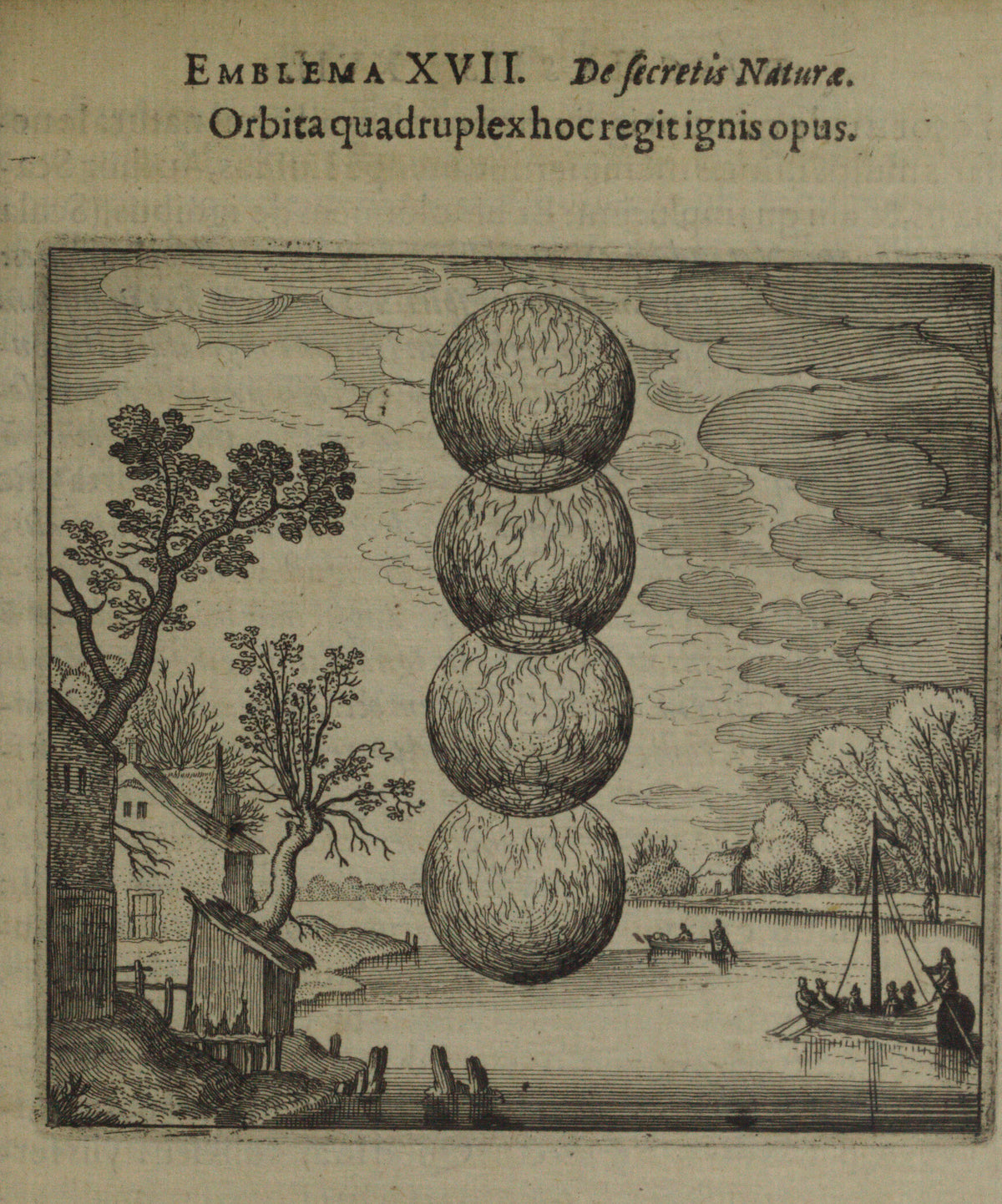 Michael Maier — Atalanta Fugiens, Emblem 17: Four Orbs Govern This Work of Fire | Alchemical Engraving Print
