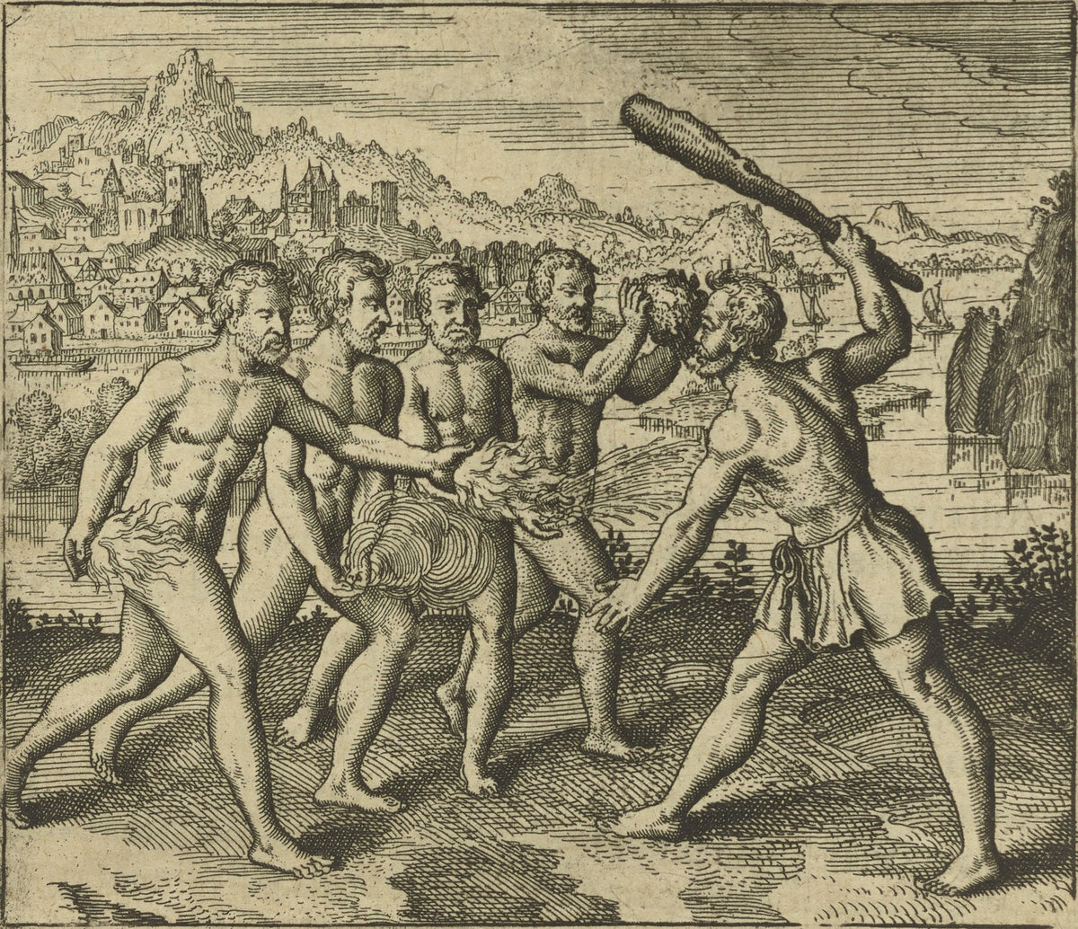 Atalanta Fugiens, Emblem 19: If You Kill One of the Four, Suddenly All Will be Dead by Michael Maier — Five men struggle in front of a river town, one raising